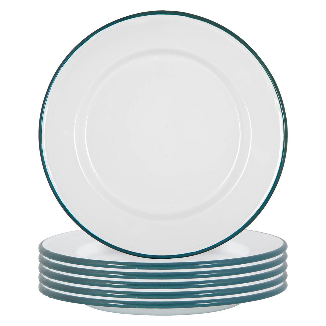 25.5cm White &amp; Green Enamel Dinner Plates - Pack of 6