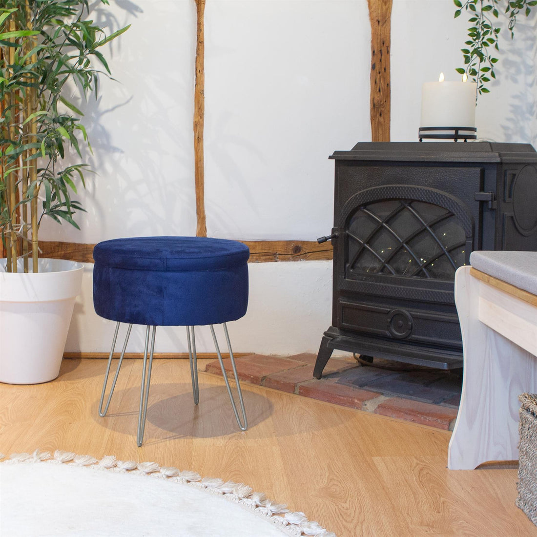 Blue Round Velvet Storage Footstool with Silver Legs