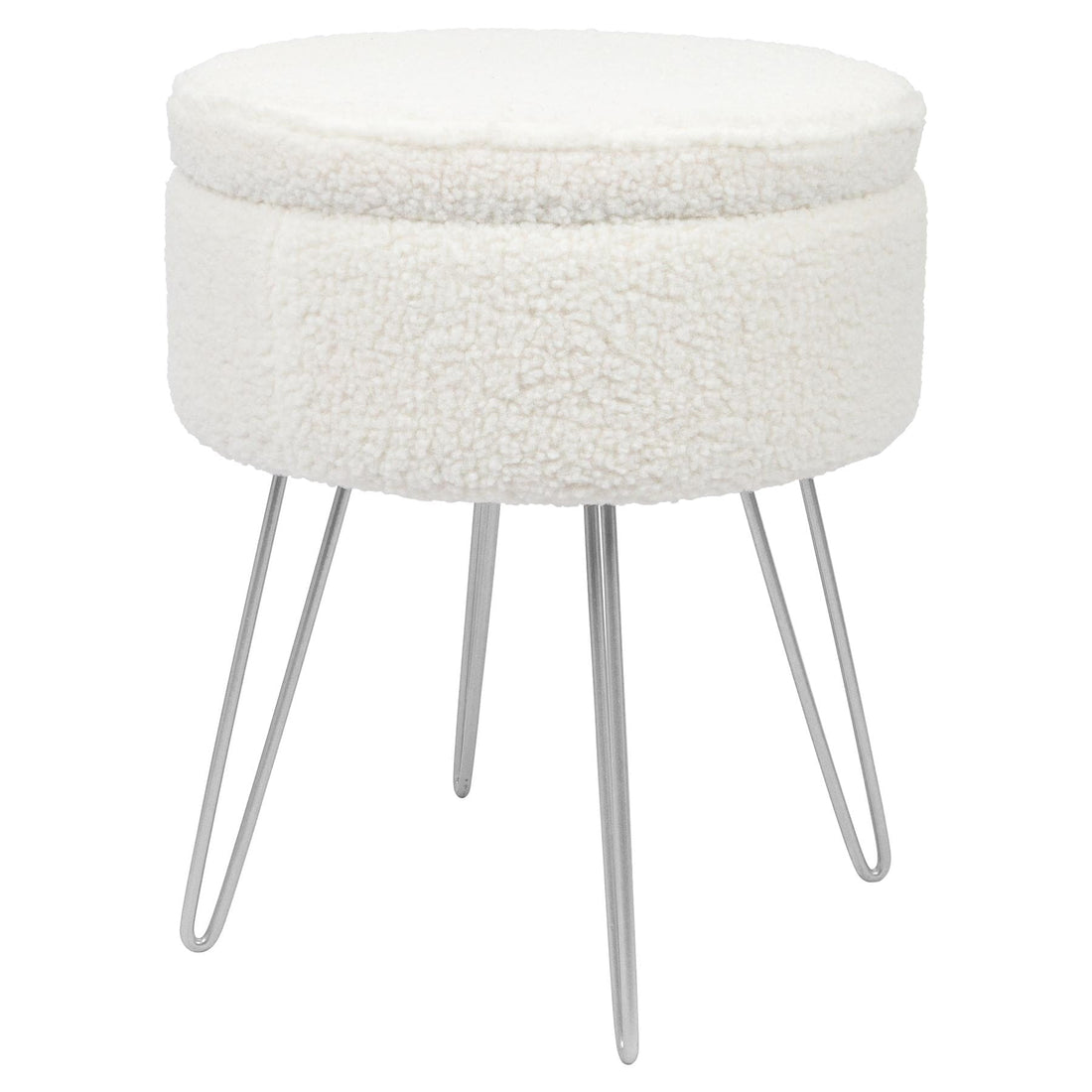 Cream Round Boucle Storage Footstool with Silver Legs