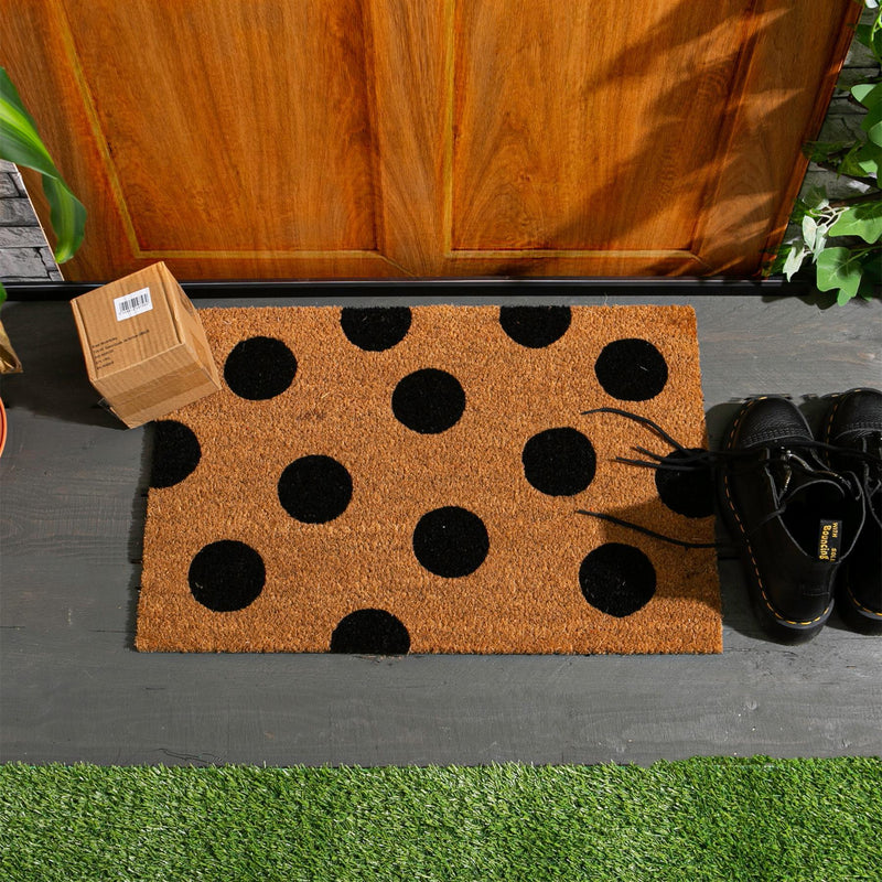 60cm x 40cm Black Polka Dot Coir Door Mat - By Nicola Spring
