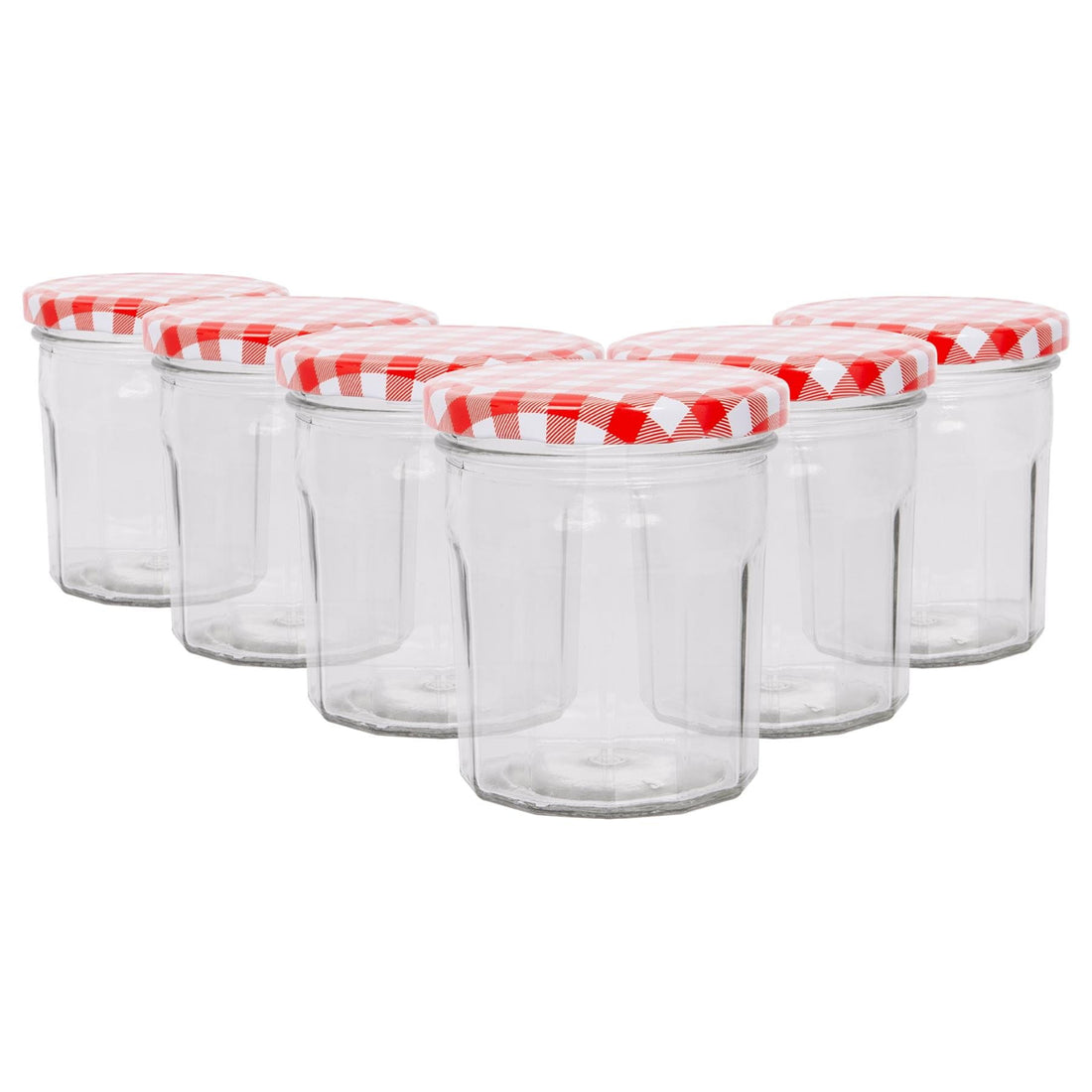 250ml Octagonal Glass Jam Jars with Red Gingham Lids - Pack of 6