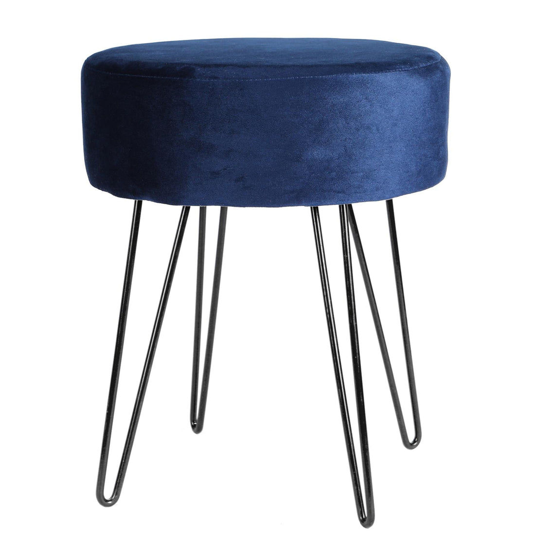 Blue Round Velvet Footstool with Black Legs
