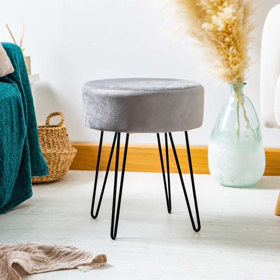 Grey Round Velvet Footstool with Black Legs