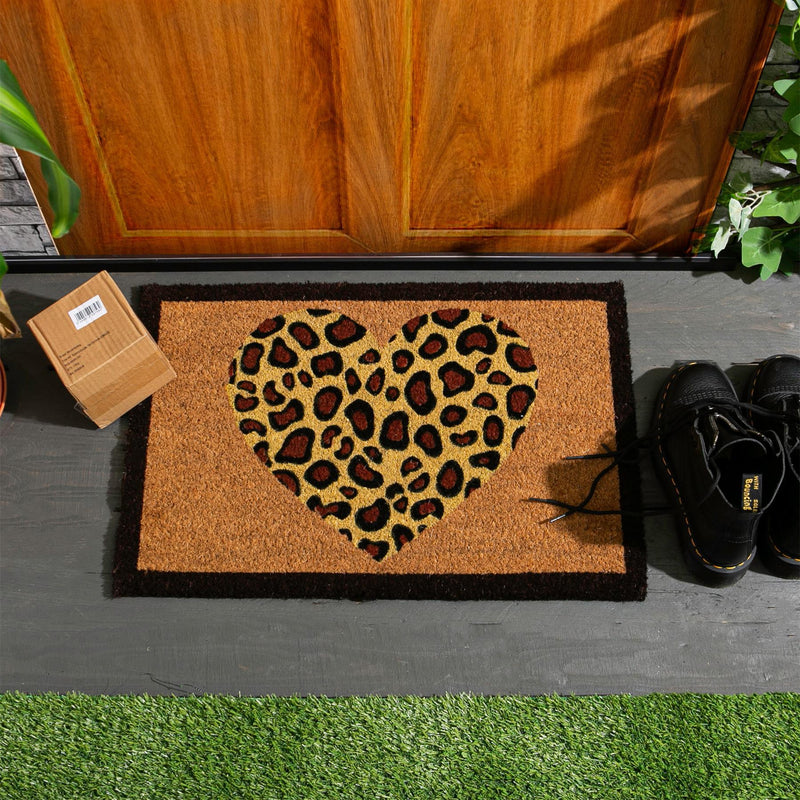 60cm x 40cm Leopard Print Heart Coir Door Mat - By Nicola Spring
