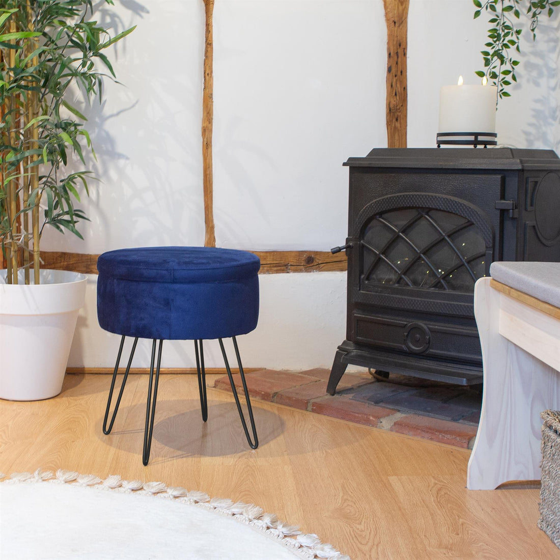 Blue Round Velvet Storage Footstool with Black Legs