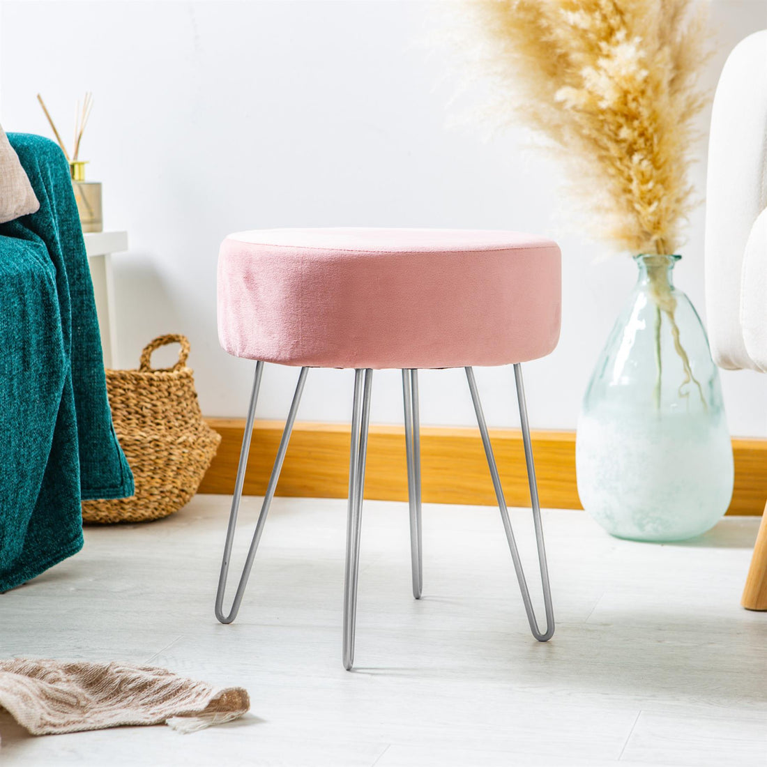 Pink Round Velvet Footstool with Silver Legs