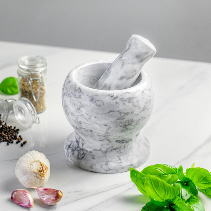 Argon Tableware Stone Mortar and Pestle Set from Above with Green Pesto