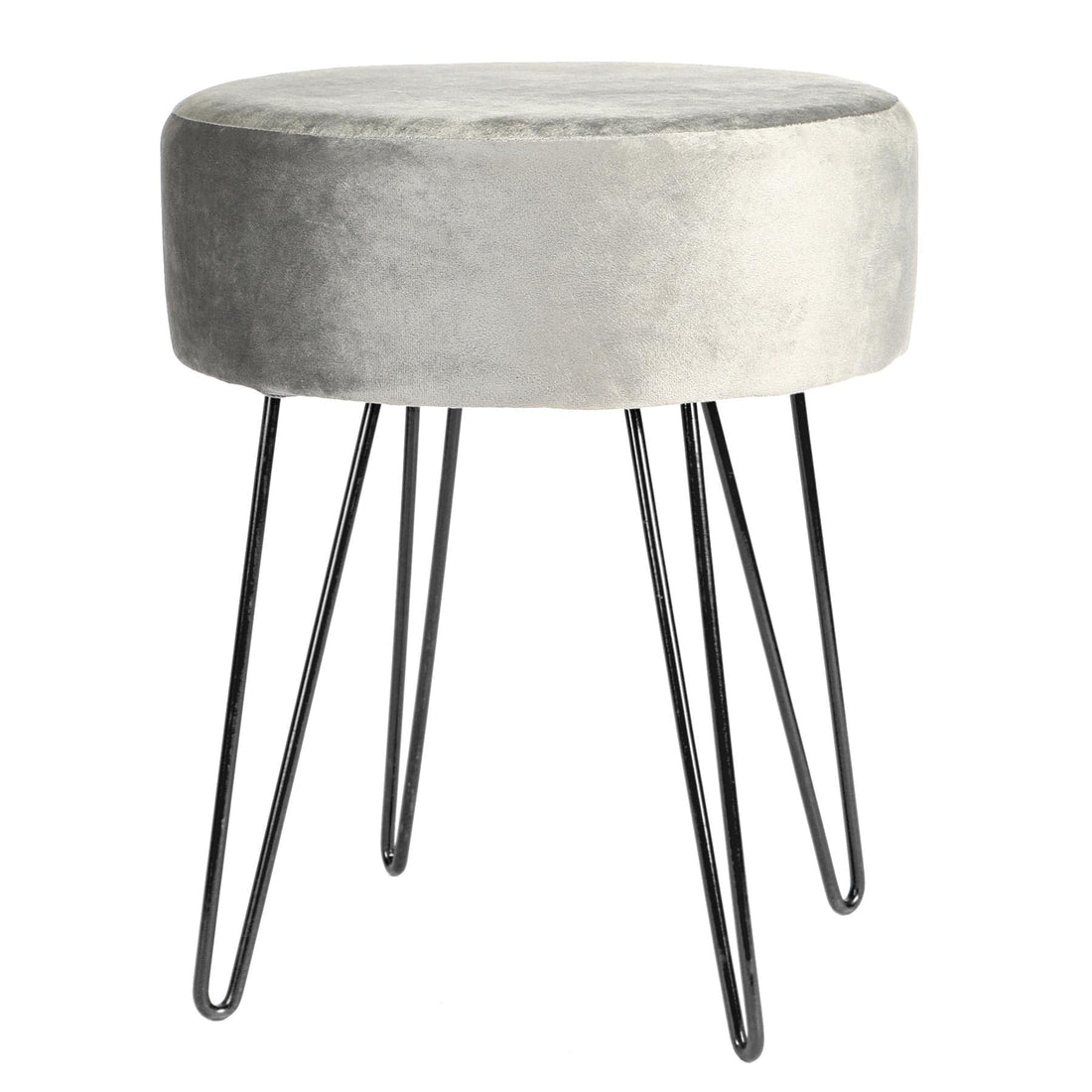 Grey Round Velvet Footstool with Black Legs