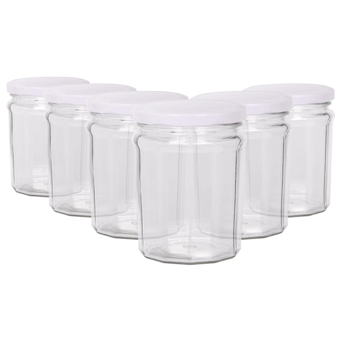 380ml Octagonal Glass Jam Jars with White Lids - Pack of 6