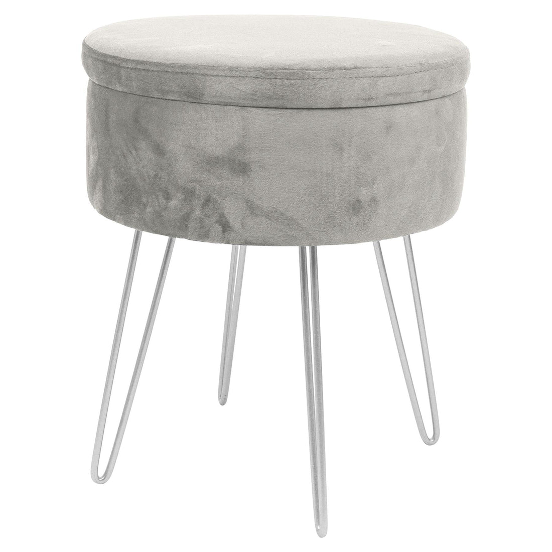 Grey Round Velvet Storage Footstool with Silver Legs