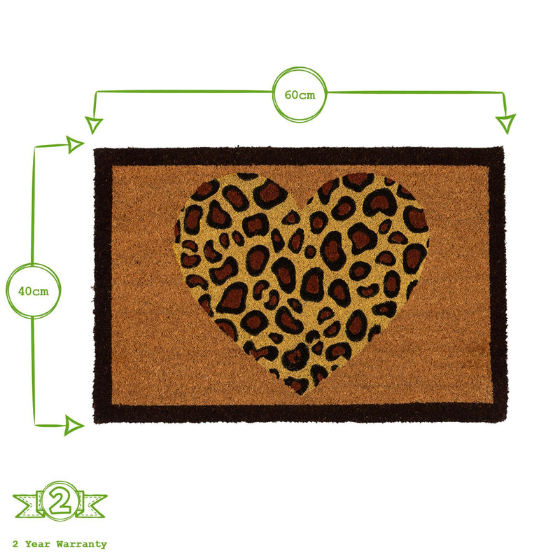 60cm x 40cm Leopard Print Heart Coir Door Mat - By Nicola Spring
