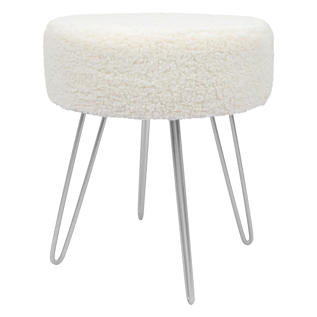 Cream Round Boucle Footstool with Silver Legs