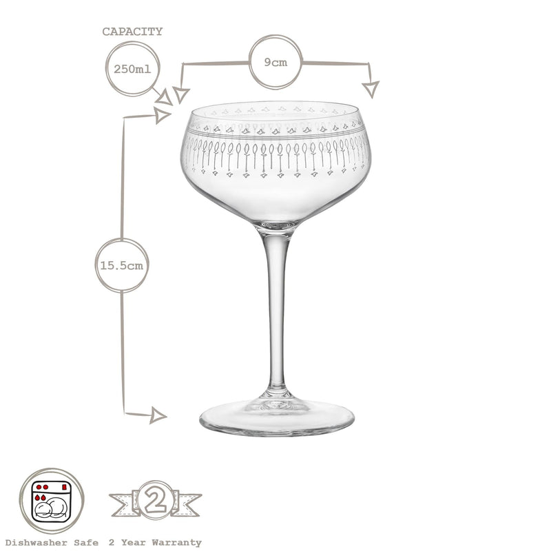 Art Deco 250ml Bartender Novecento Cocktail Glasses - Pack of 6 - By Bormioli Rocco
