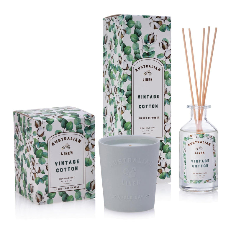 Vintage Cotton Australian Linen Scented Candle & Diffuser Set - By Bramble Bay