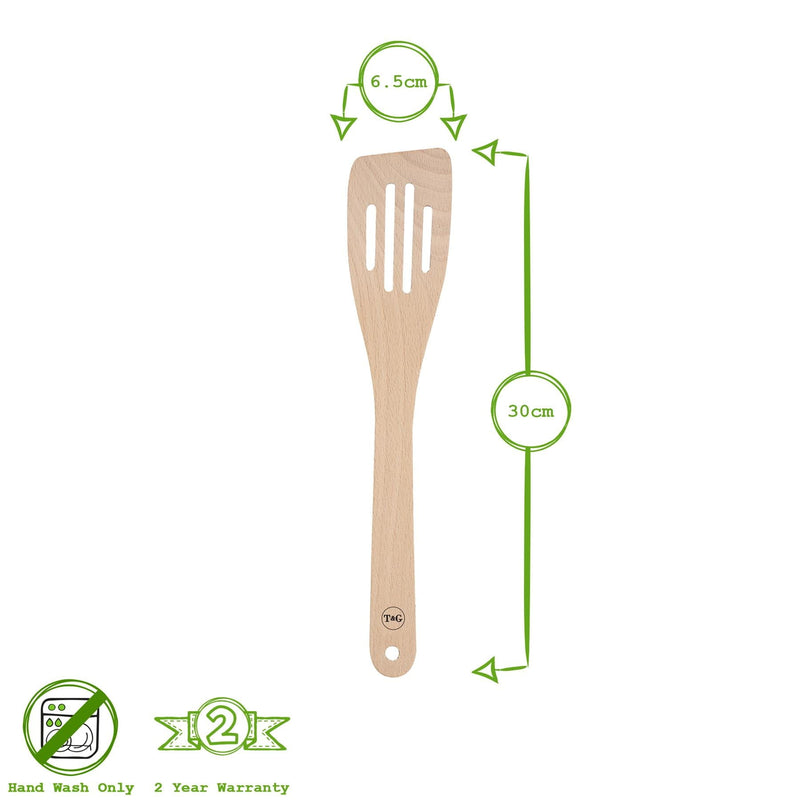 30cm FSC Beech Wooden Curved Spatula with Slots - Brown - By T&G