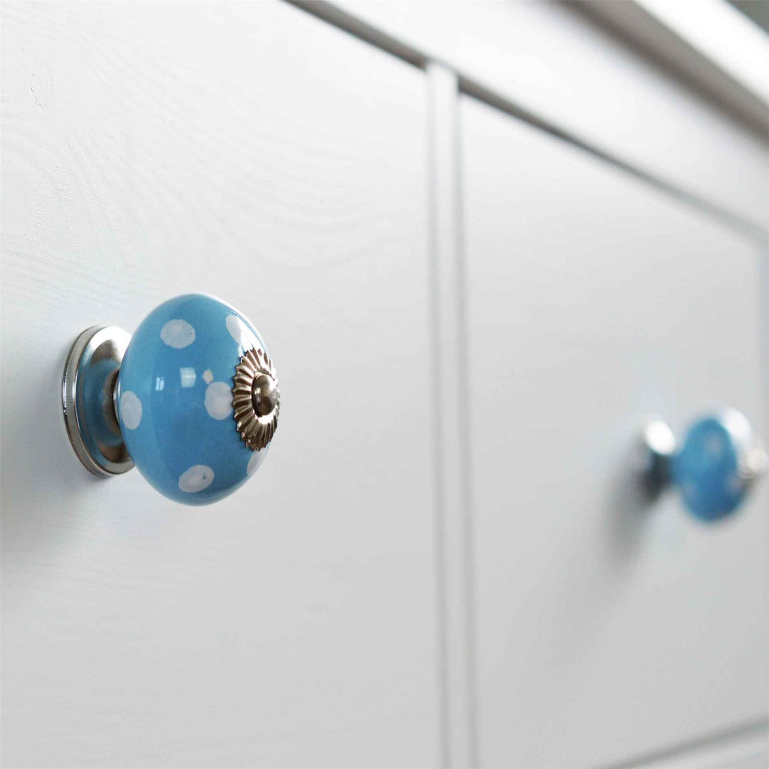 White Dot on Blue 45mm Round Spot Ceramic Cabinet Knob
