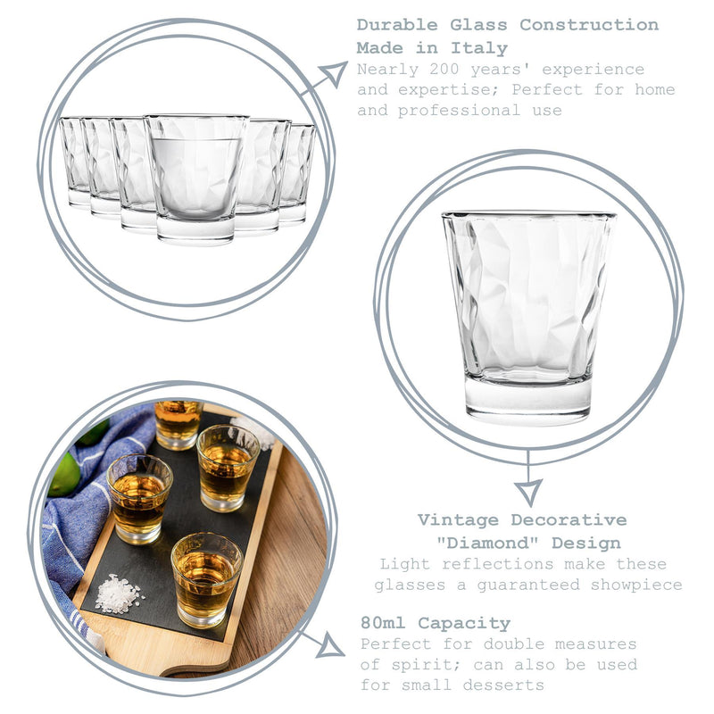 80ml Diamond Shot Glasses - Pack of Six - By Bormioli Rocco