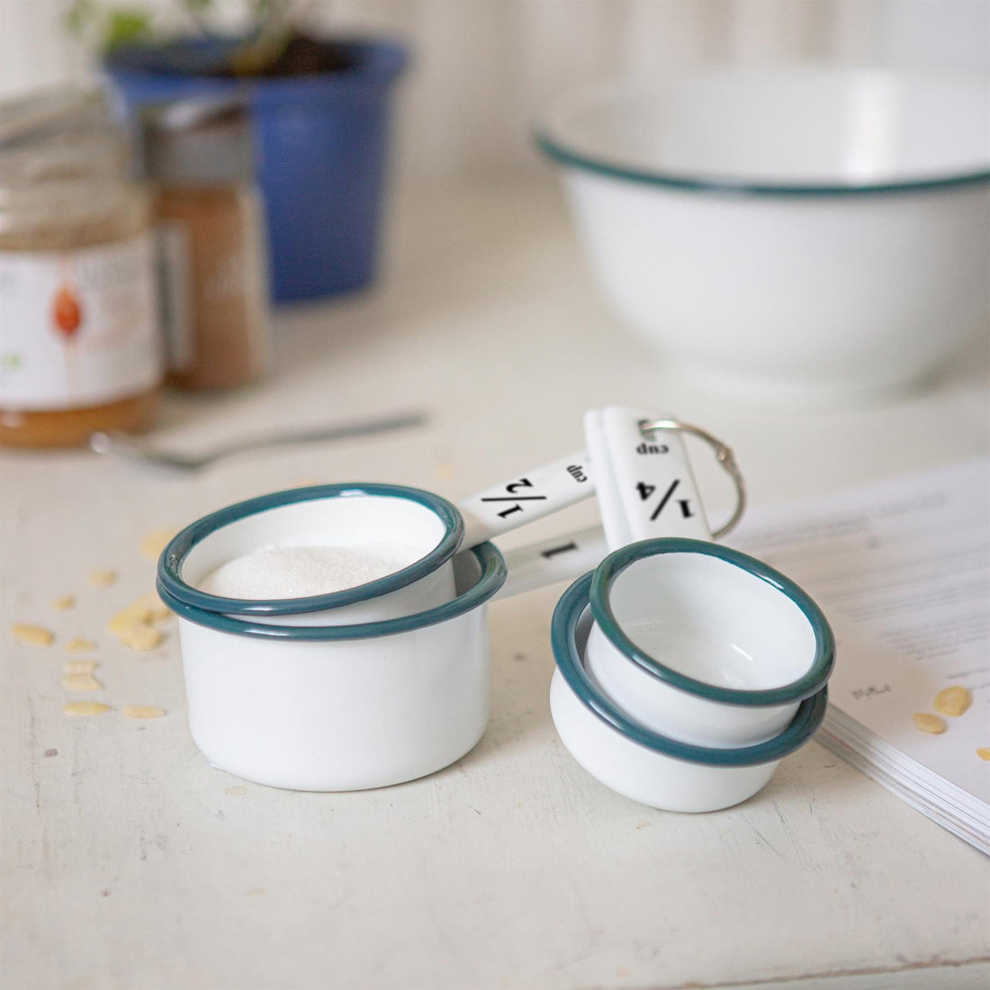 4-Piece White &amp; Green Enamel Measuring Cup Set