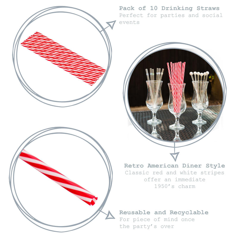 Rink Drink 10 Classic Red Striped Reusable Drinking Straws