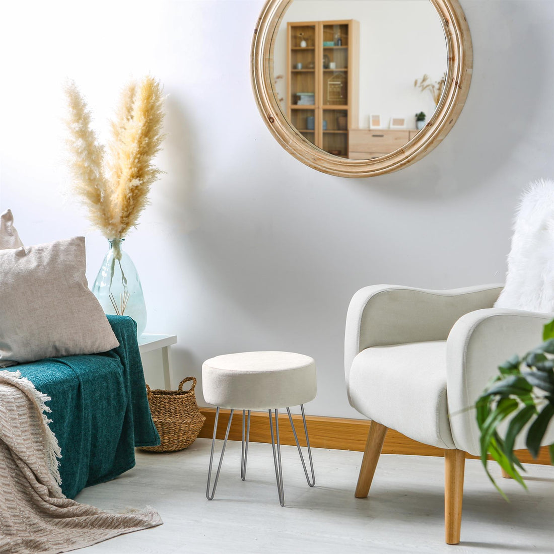 Cream Round Velvet Footstool with Silver Legs