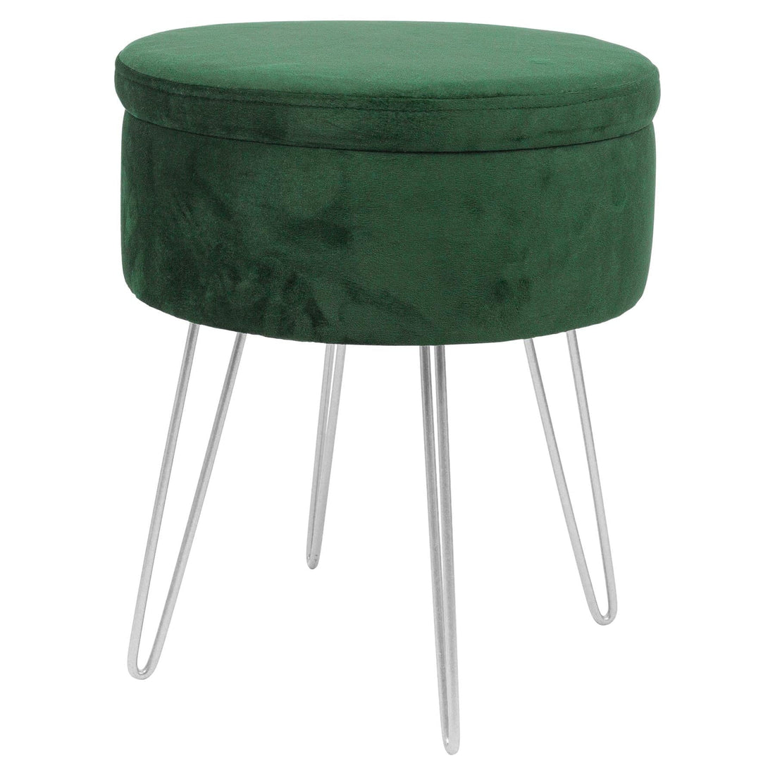Green Round Velvet Storage Footstool with Silver Legs