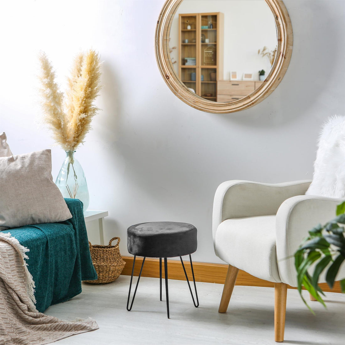 Black Round Velvet Footstool with Black Legs