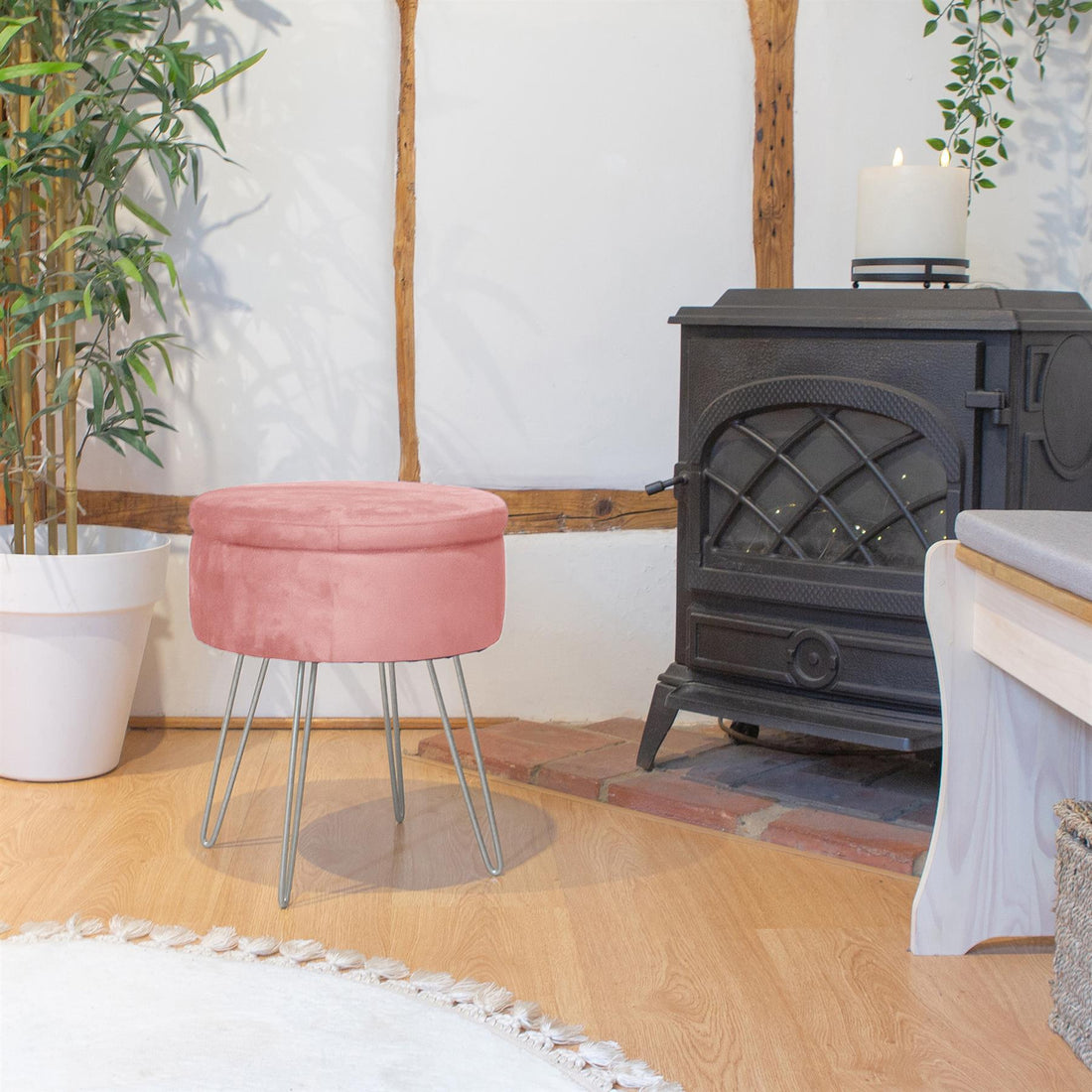 Pink Round Velvet Storage Footstool with Silver Legs