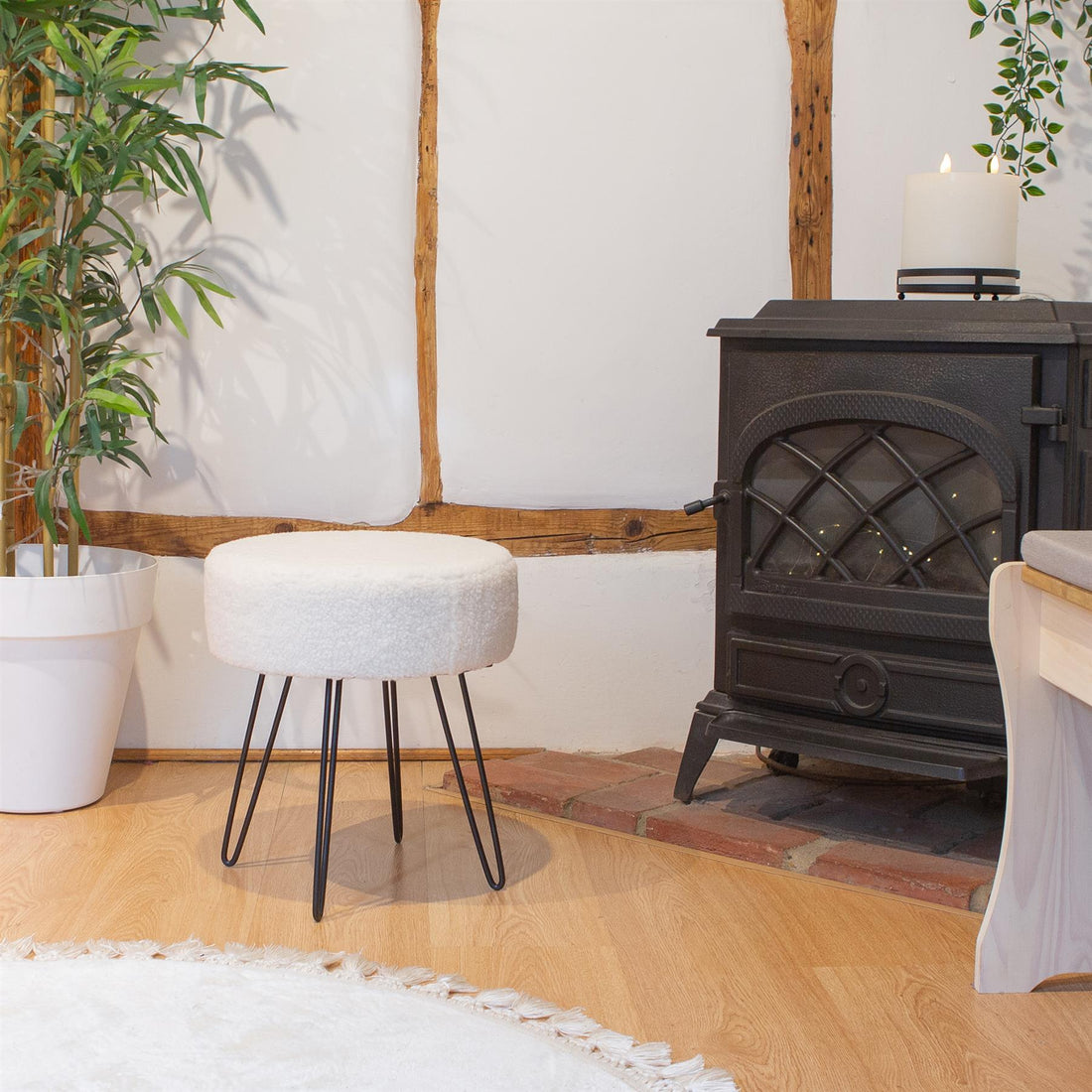 Cream Round Boucle Footstool with Black Legs