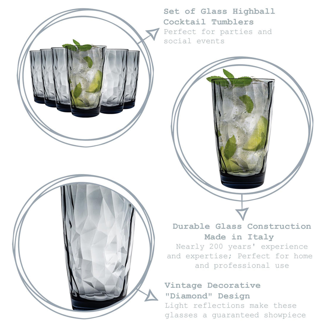 470ml Blue Diamond Highball Glasses - Pack of Six