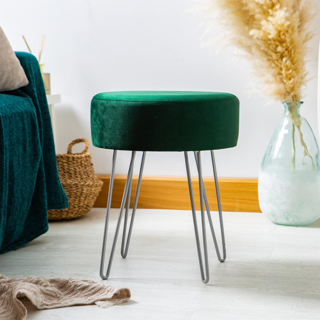 Green Round Velvet Footstool with Silver Legs