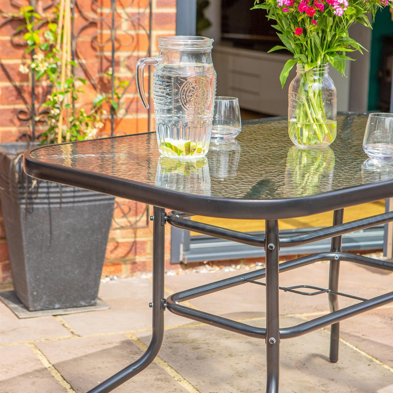 Four-Seater Black Metal Glass Top Garden Table 120cm x 70cm - By Harbour Housewares