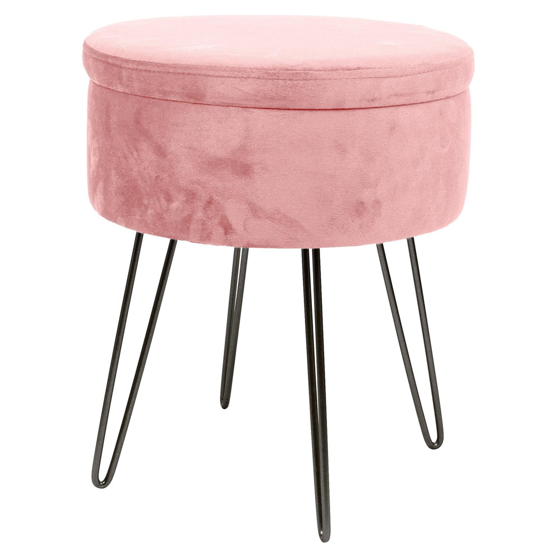 Pink Round Velvet Storage Footstool with Black Legs