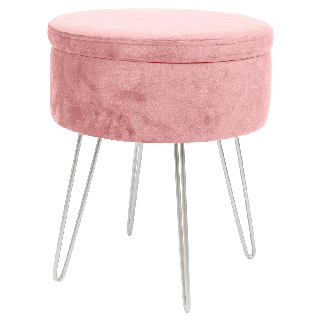 Pink Round Velvet Storage Footstool with Silver Legs
