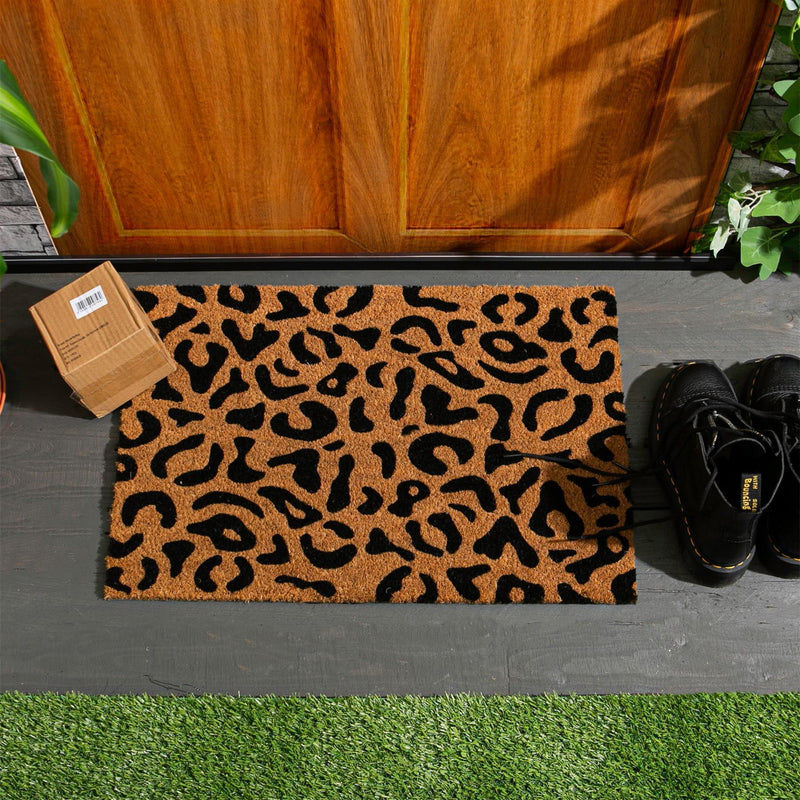 60cm x 40cm Black Leopard Print Coir Door Mat - By Nicola Spring