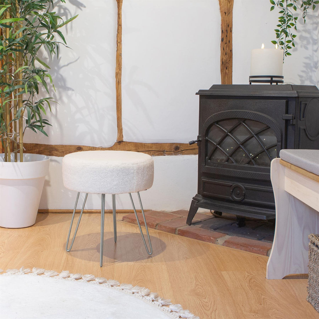 Cream Round Boucle Footstool with Silver Legs