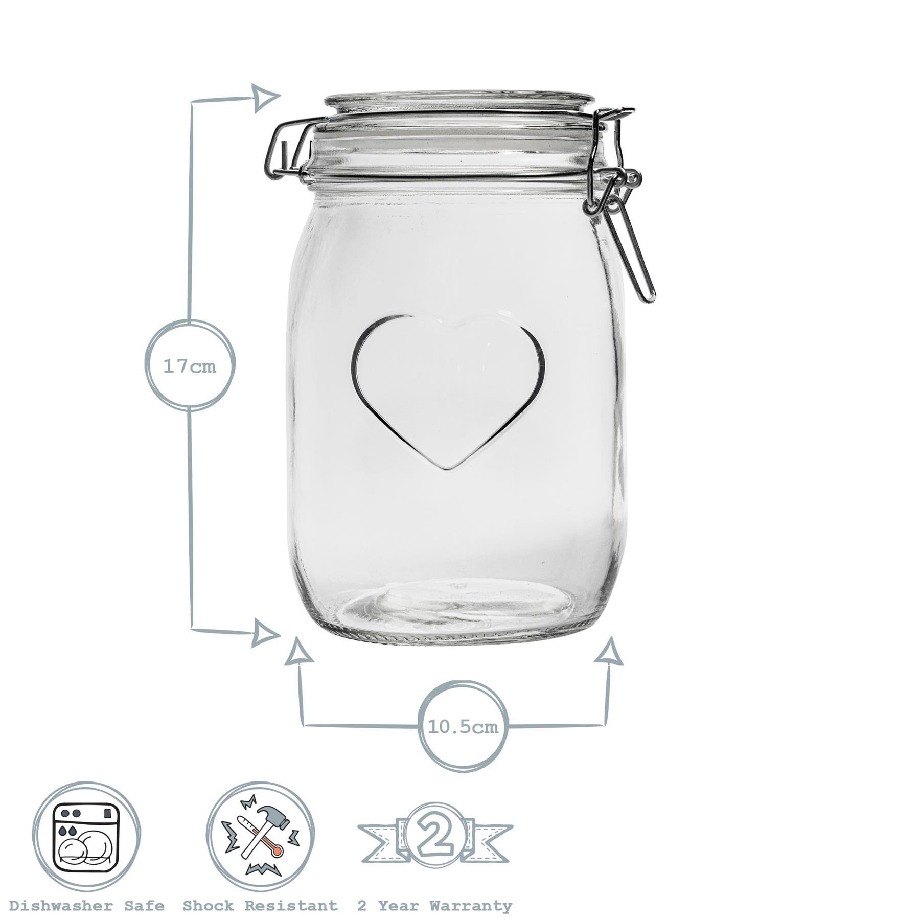 1L Air tight Glass Storage Jar with Embossed Heart Detail &amp; Label - Pack of Six