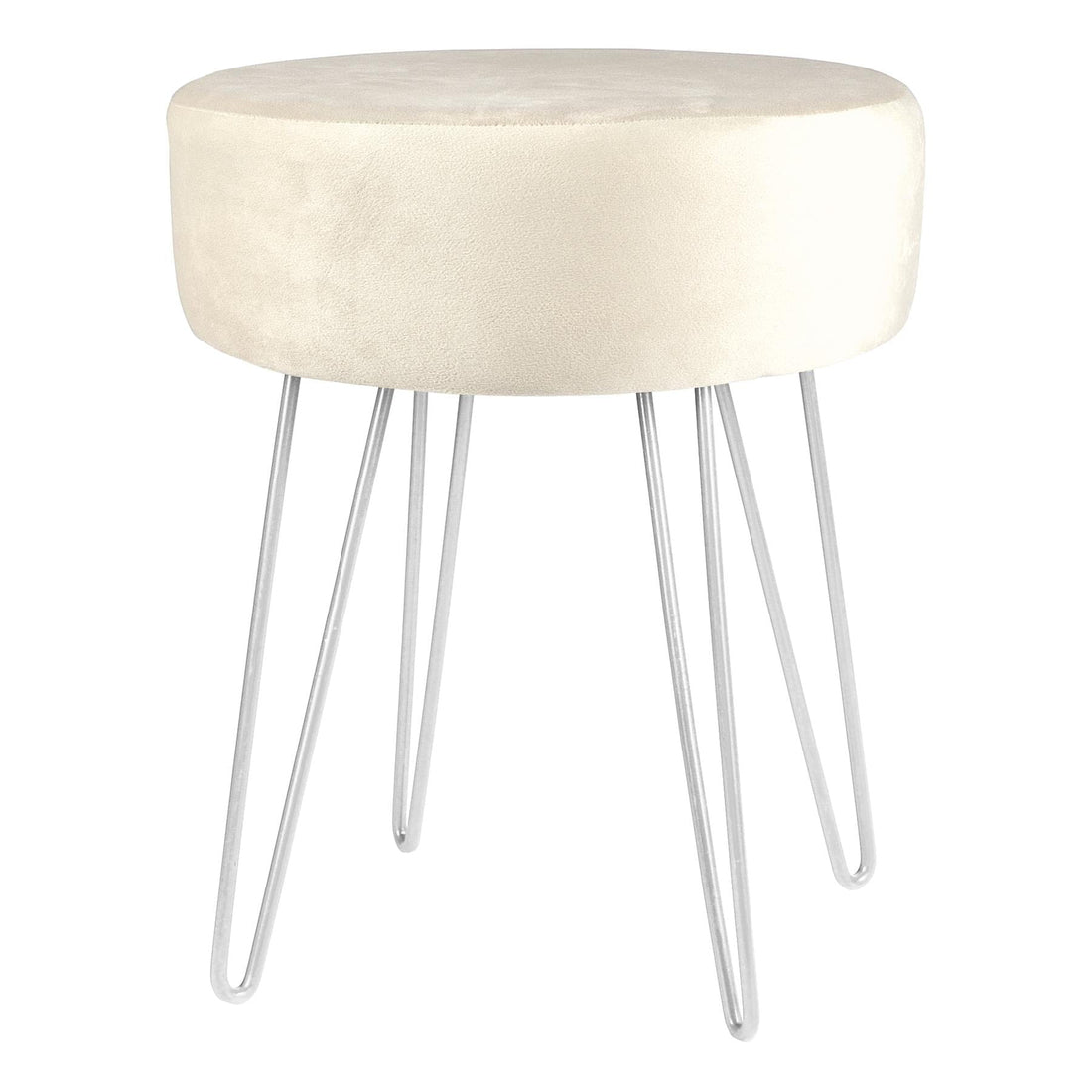 Cream Round Velvet Footstool with Silver Legs