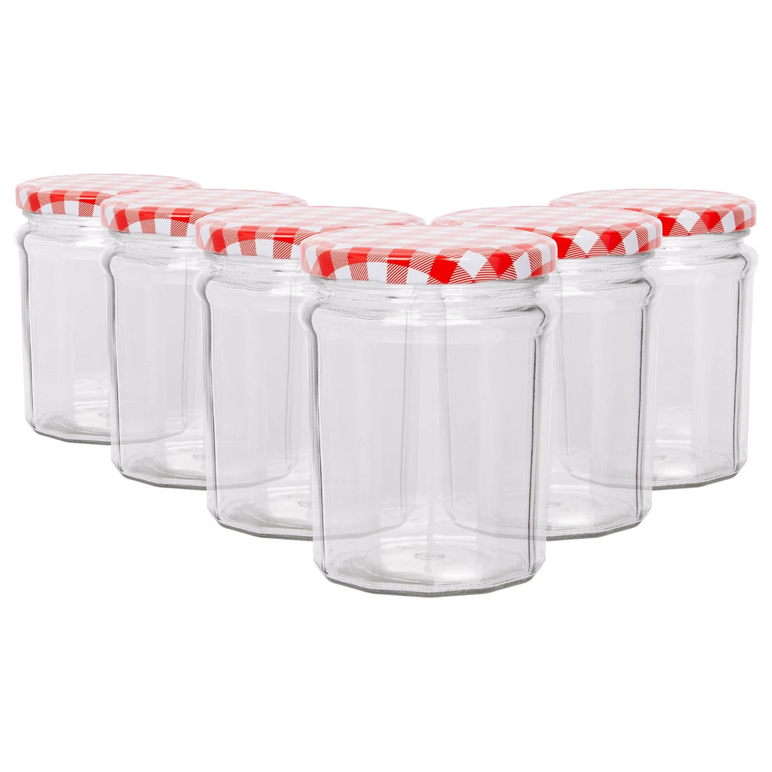 380ml Octagonal Glass Jam Jars with Red Gingham Lids - Pack of 6