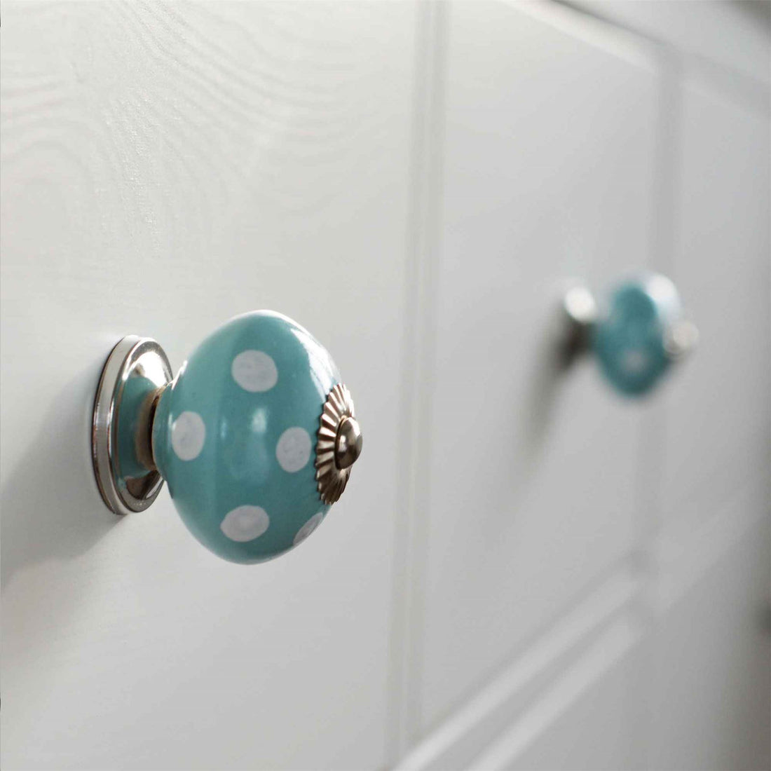 White Dot on Turquoise 45mm Round Spot Ceramic Cabinet Knob