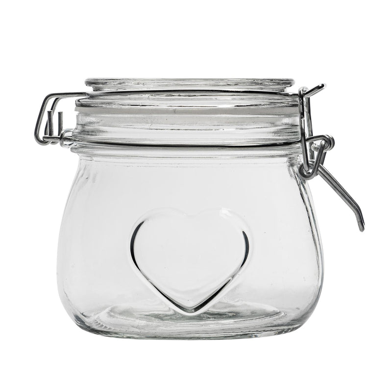 500ml Glass Storage Jar with Embossed Heart Detail & Label - Pack of Six - By Nicola Spring