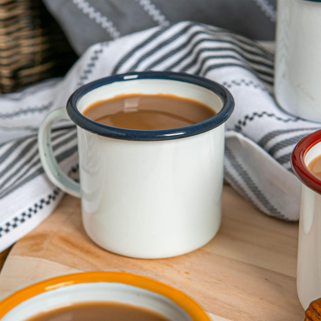 375ml White &amp; Blue Enamel Mugs - Pack of 6