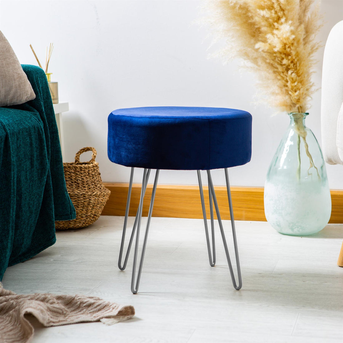 Blue Round Velvet Footstool with Silver Legs