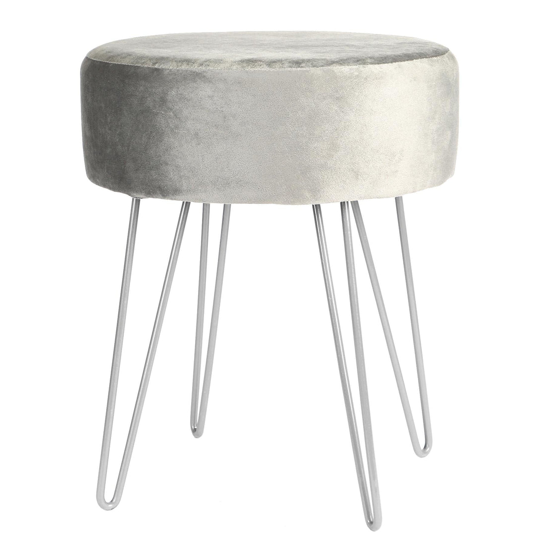 Grey Round Velvet Footstool with Silver Legs