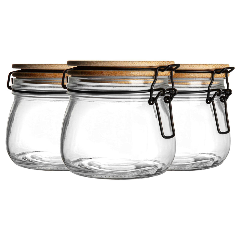 500ml Wooden Clip Lid Storage Jars - Pack of Three - By Argon Tableware
