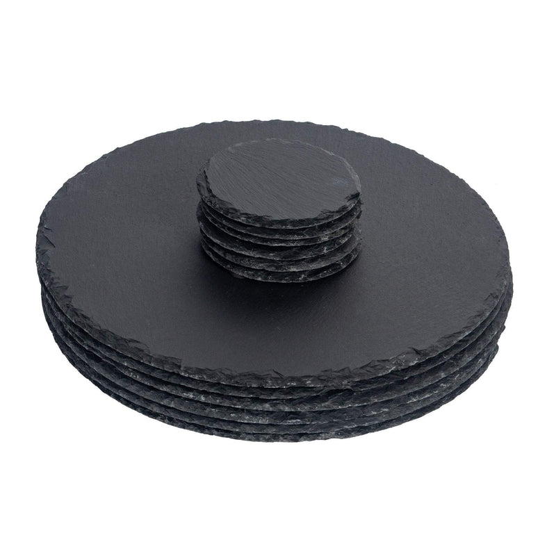 12pc Black Round Slate Placemats & Coasters Set - By Argon Tableware
