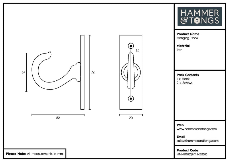 20mm x 70mm Hanging Hook - By Hammer & Tongs