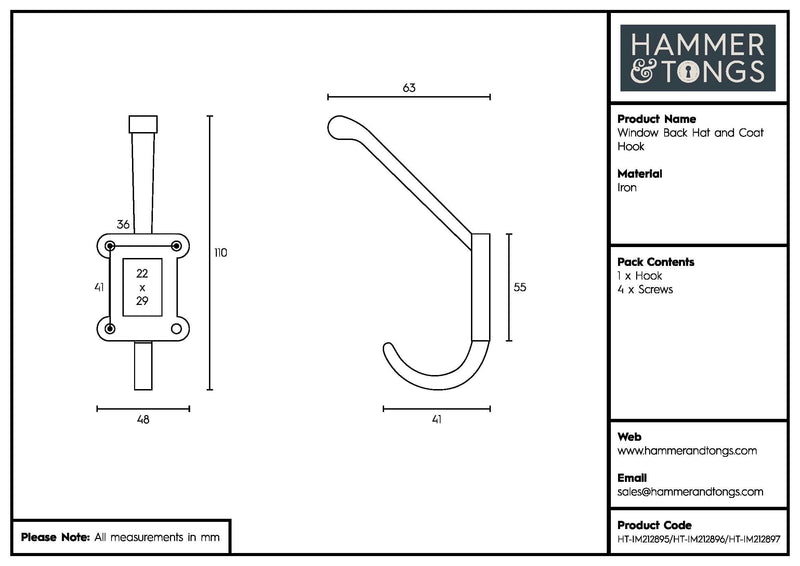 50mm x 110mm Window Back Label Holder Hat & Coat Hook - By Hammer & Tongs