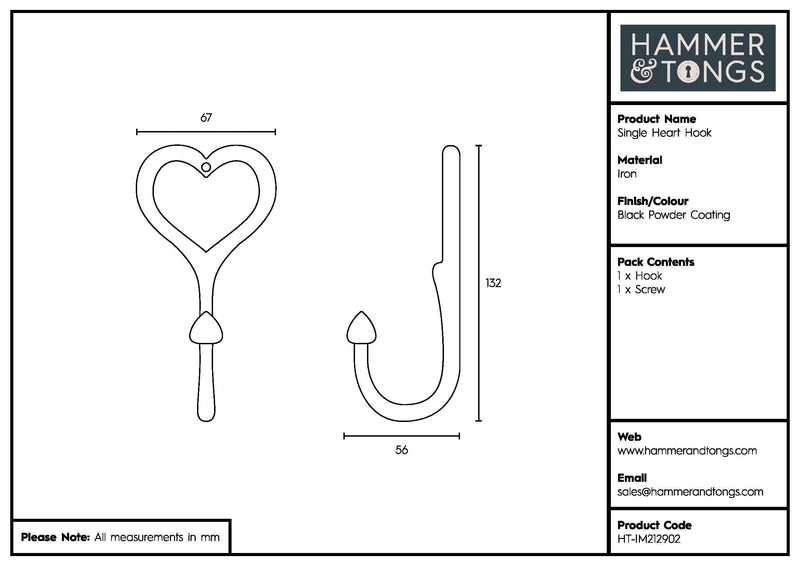 65mm x 130mm Black Single Heart Hook - By Hammer & Tongs