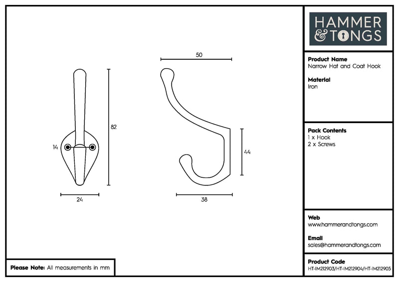 25mm x 80mm Narrow Hat & Coat Hook - By Hammer & Tongs