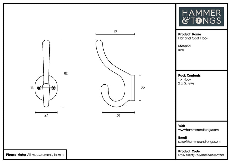 25mm x 80mm Hat & Coat Hook - By Hammer & Tongs